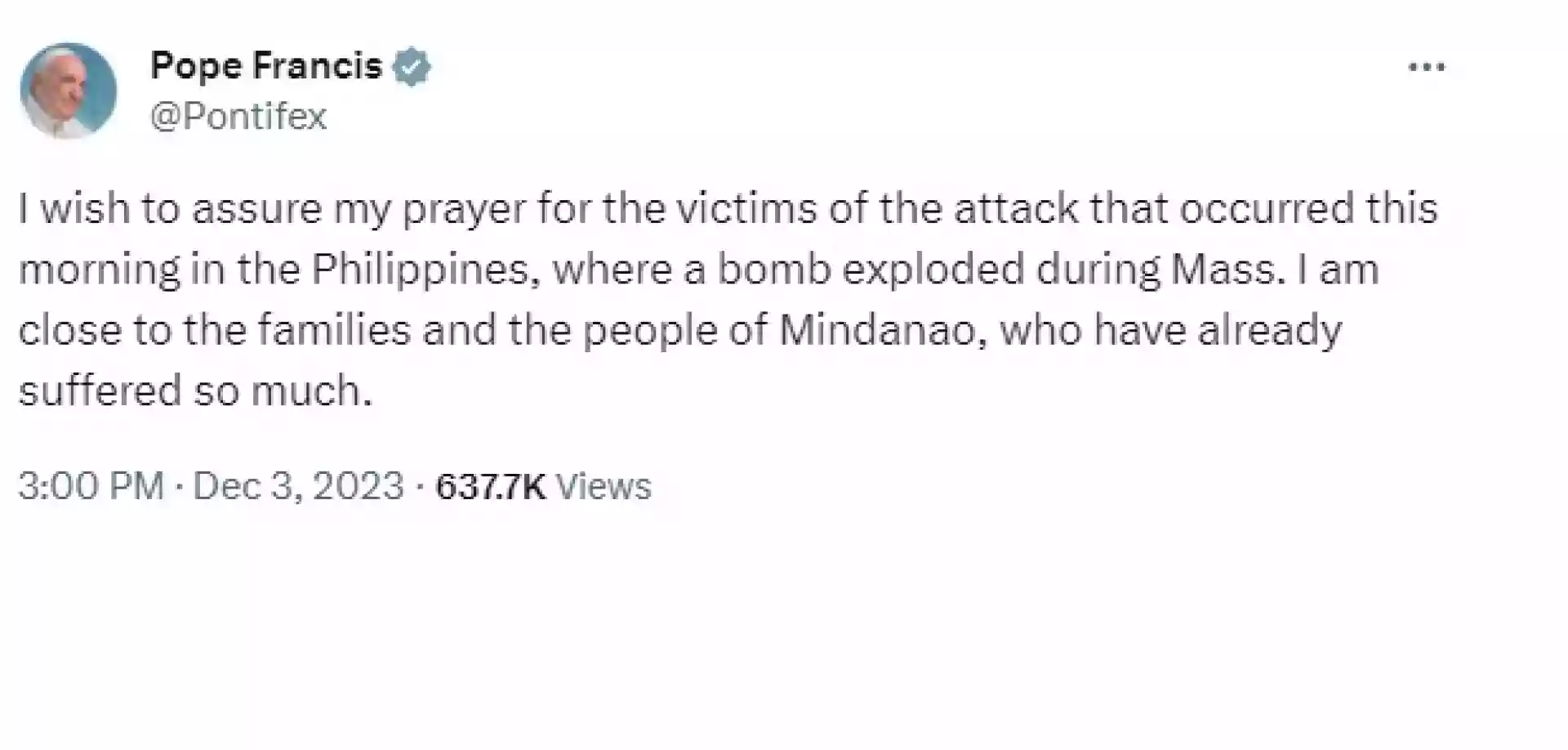 Папа Франциск с първи думи за взрива при литургия на Филипините