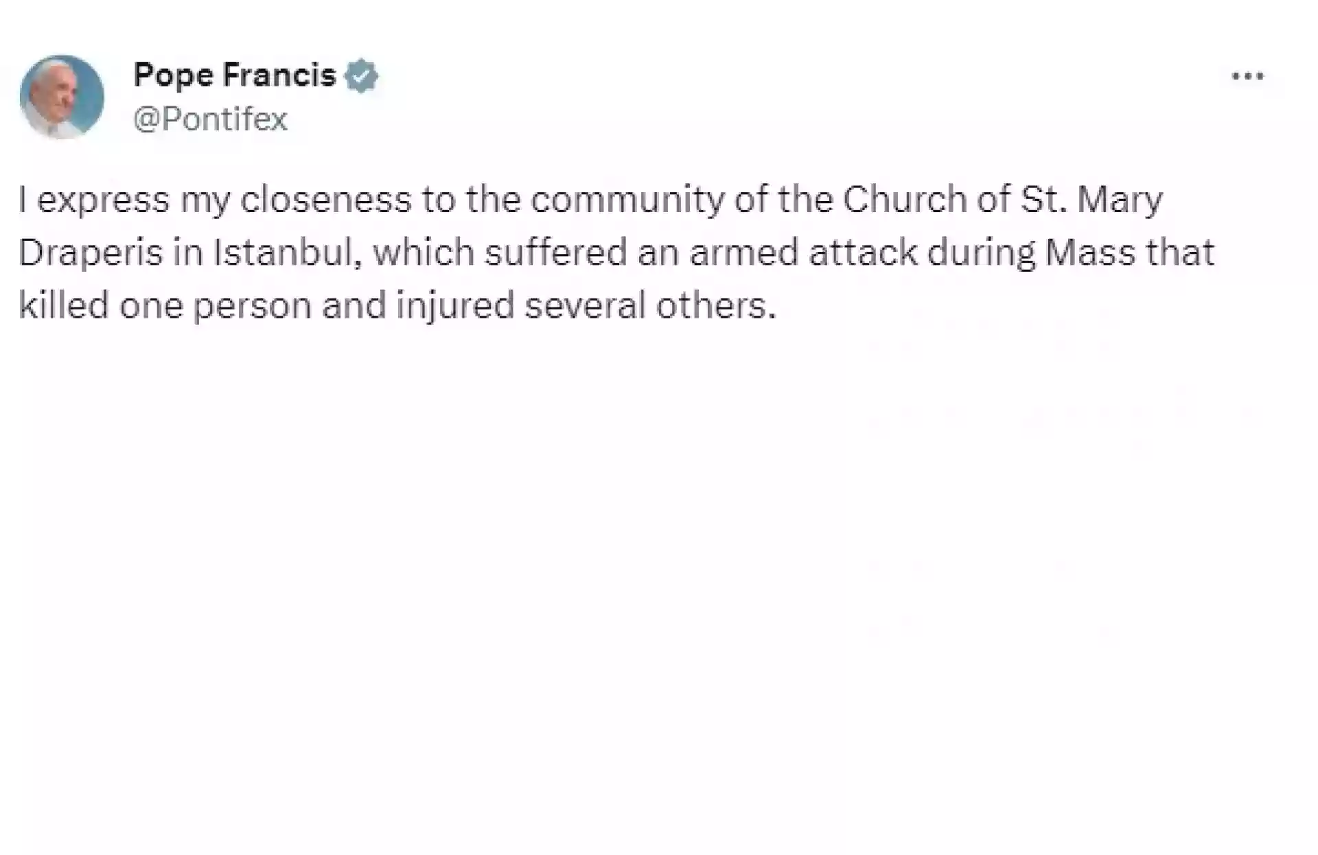 Папа Франциск с първи думи за атаката срещу католическа църква в Истанбул