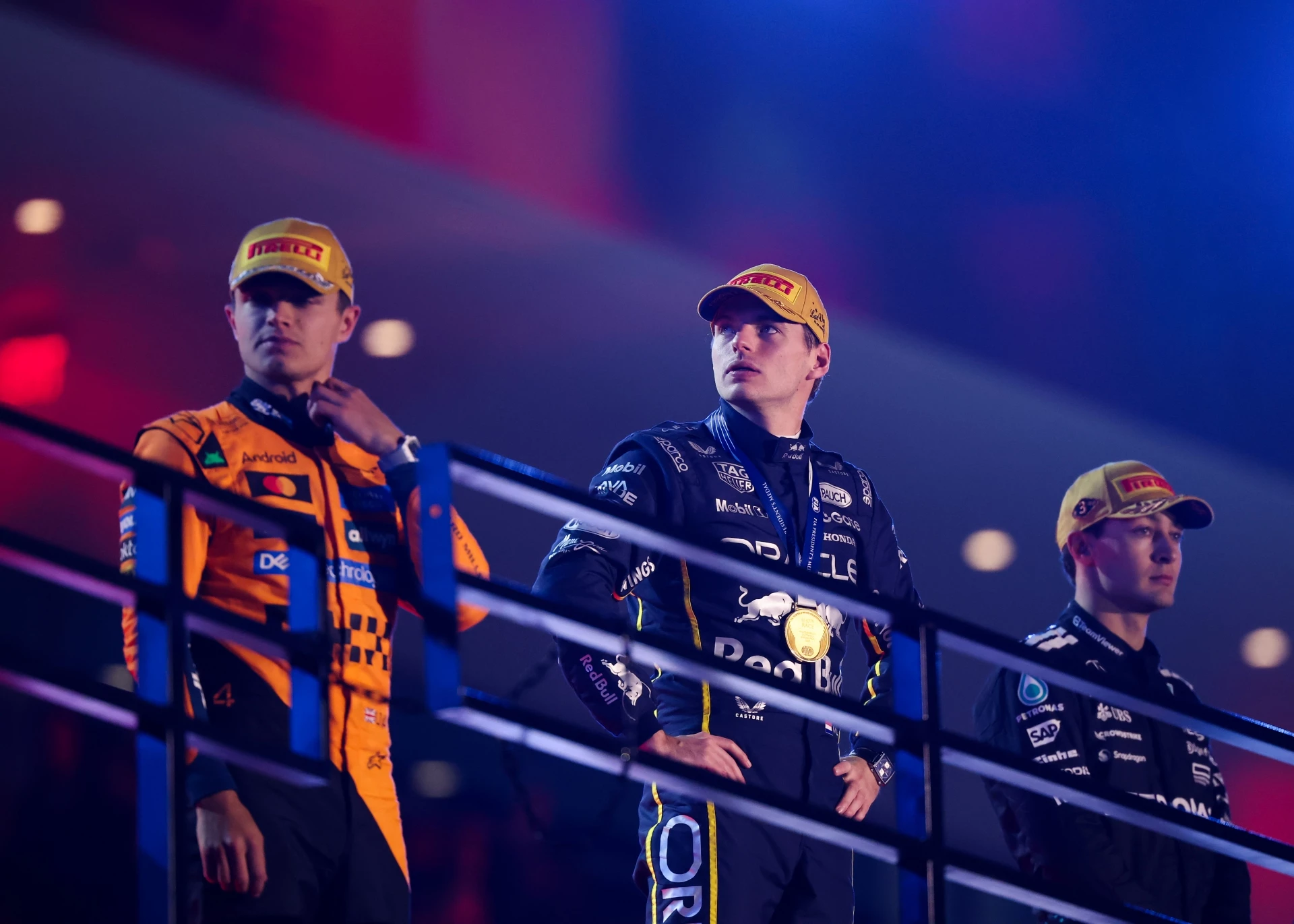 Макс Верстапен, Ландо Норис и Джордж Ръсел